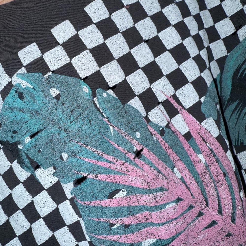 Distressed Black Graphic T-Shirt with Tropical Graphic Print Front & Back - Picture 7 of 11